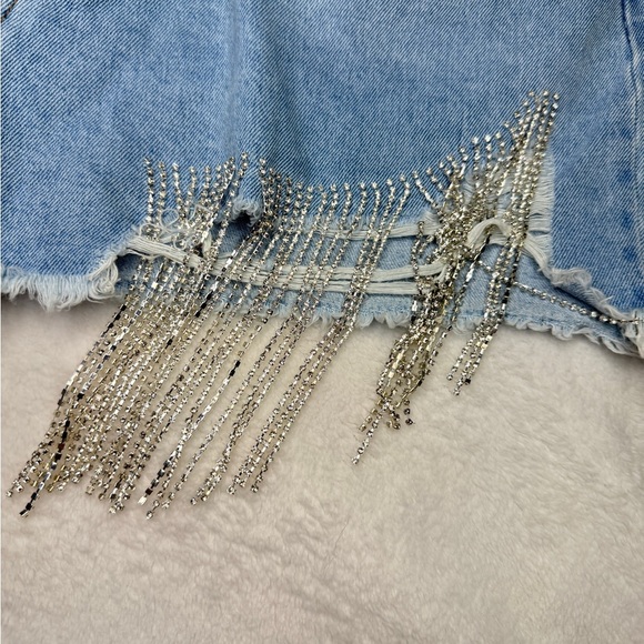 Forever 21 Size 31 Blue and Silver Jean Shorts with Fringe - Picture 3 of 4